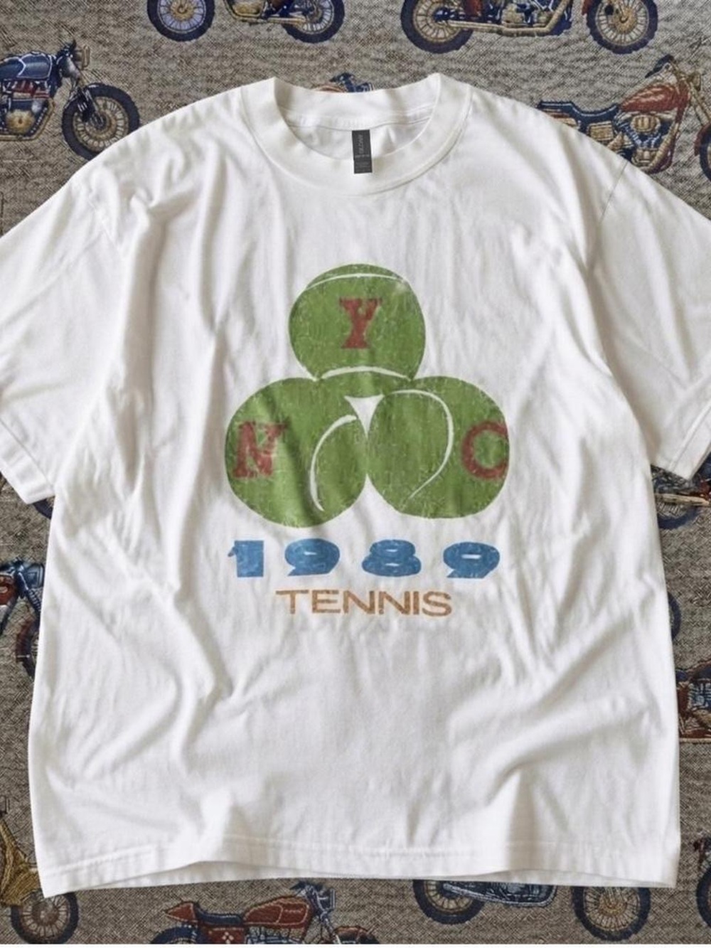 Gildan White Short Sleeve Tee with Green Tennis Ball Graphic and Blue 1989 Print